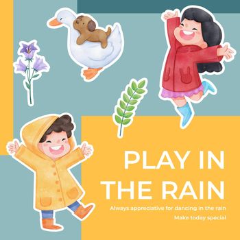 Sticker template with children rainy season concept,watercolor style