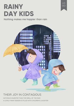 Poster template with children rainy season concept,watercolor style