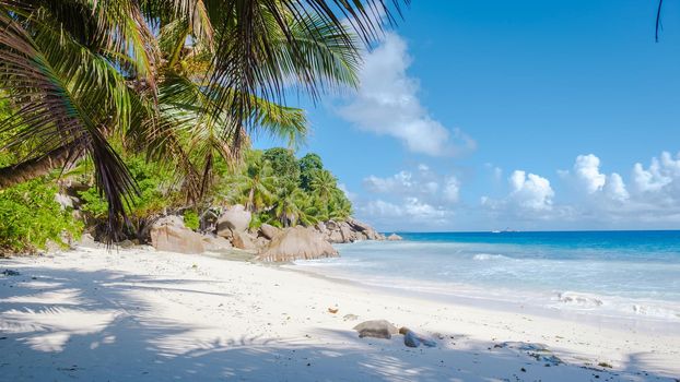 Anse Patates beach, La Digue Island, Seyshelles, white beach with blue ocean and palm trees