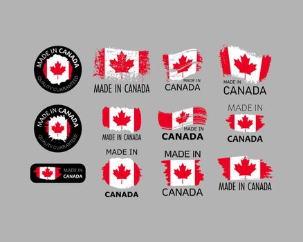 Set of stickers. Made in Canada. Brush strokes shaped with Canadian flag. Factory, manufacturing and production country concept. Design element for label and packaging. Vector colorful illustration