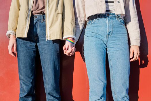 women holding hands with homosexual rights symbol