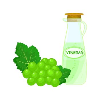 Green grapes and bottle of vinegar isolated on white background. Fruit cider vinegar in glass pitcher.