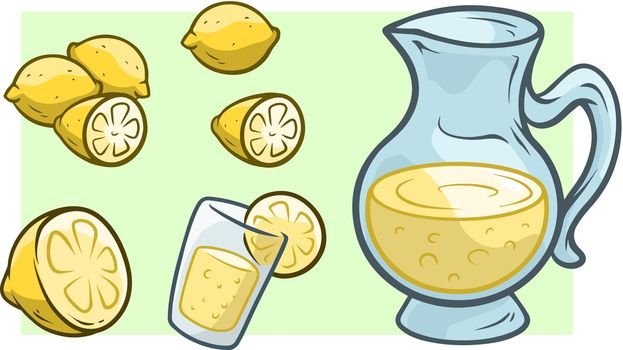 Cartoon jug with fresh lemonade and lemons