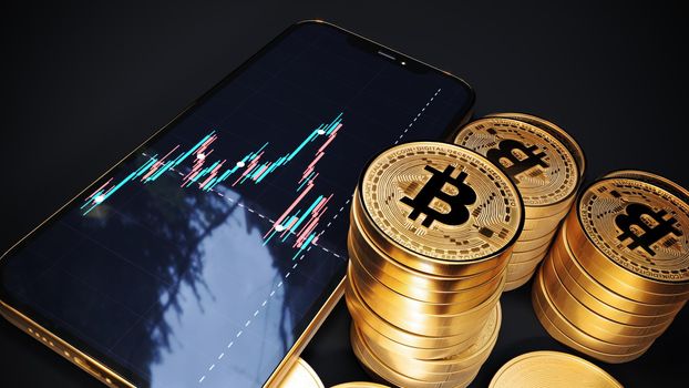 Trading app exchange on mobile phone next to bitcoin coins, Bitcoin with smartphone, btc blockchain cyptocurrency, 3d Rendering.