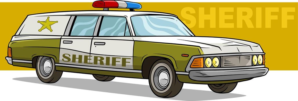 Cartoon green sheriff retro car with golden badge