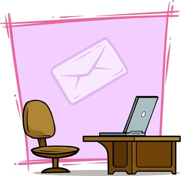 Cartoon laptop on table with chair and mail icon