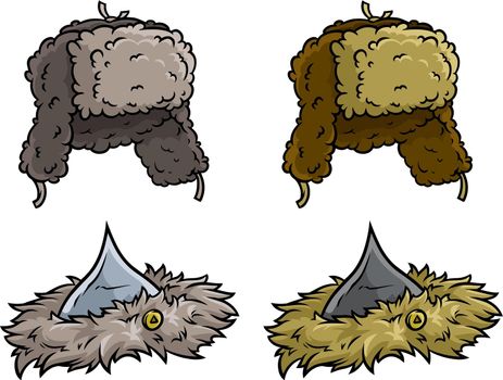 Cartoon winter fur hat or cap vector icon set