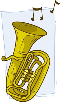 Cartoon yellow copper tuba with musical notes