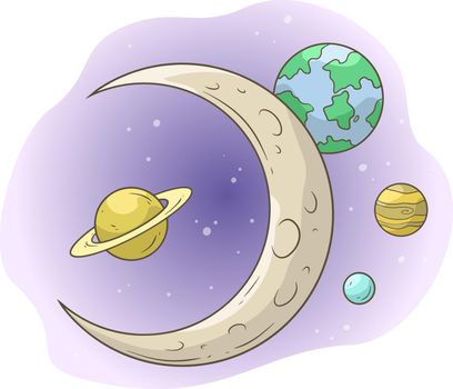 Cartoon space illustration with moon and planets