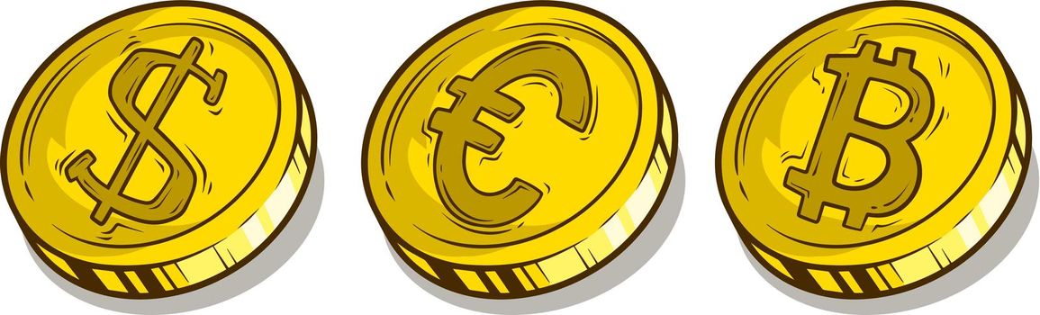 Cartoon bitcoin dollar and euro coins vector set