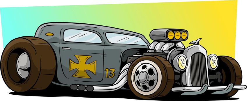 Cartoon retro vintage gray hot rod racing car