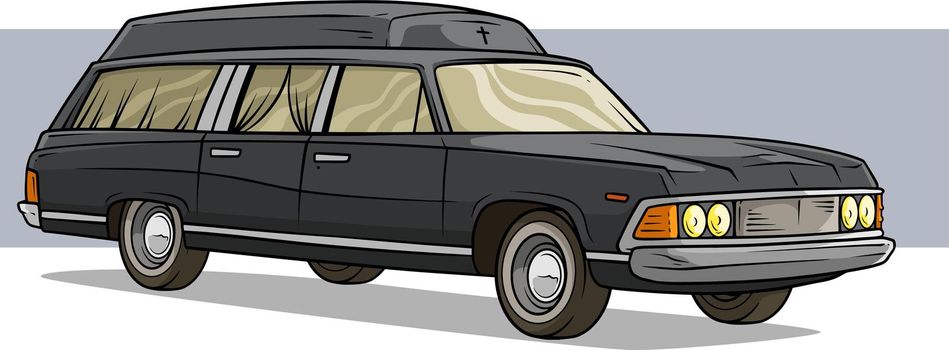 Cartoon black old long classic funeral hearse car