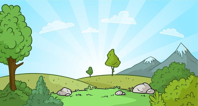 Cartoon sunrise nature landscape with mountains, snow and green grass vector background. Gift card.