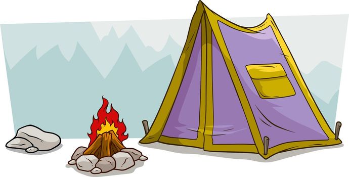 Cartoon camping tent and campfire against mountain