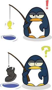 Cartoon little penguins with fishing rod