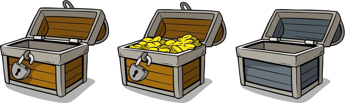 Cartoon open treasure chest with gold coins set