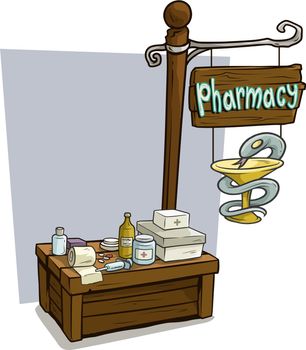 Cartoon pharmacy vendor booth market wooden stand