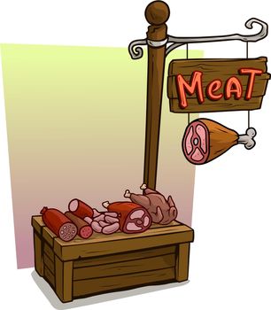 Cartoon meat vendor booth market wooden stand
