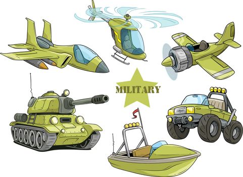 Cartoon green military army vehicles vector set