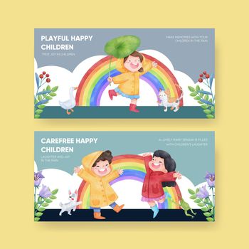 Twitter template with children rainy season concept,watercolor style