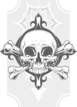Grey human skull with two bones tattoo