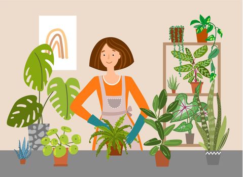 Woman taking care of plants. Houseplants vector illustrations. Urban jungls. Plants are friends.