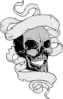 Evil human skull and white ribbon