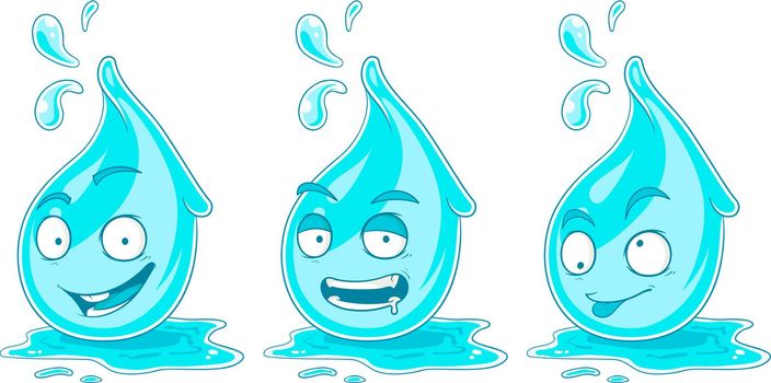 Blue cartoon water drops with crazy faces