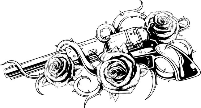 Tattoo of revolver colt with roses