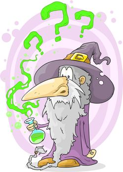 Old and small cartoon wizard with flask