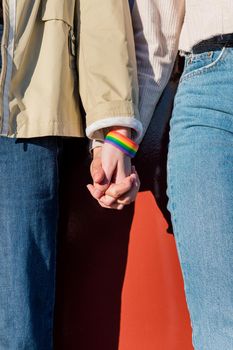 girls holding hands with rainbow bracelet