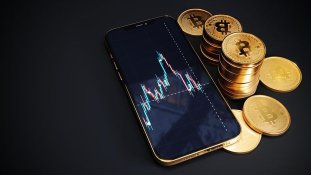 Trading app exchange on mobile phone next to bitcoin coins, Bitcoin with smartphone on black table, btc blockchain cyptocurrency, 3d Rendering.