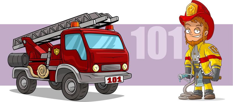 Cartoon firefighter character and red fire truck