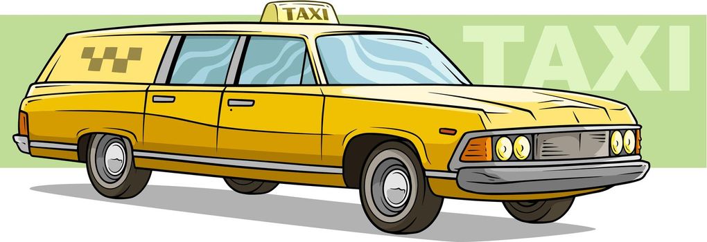 Cartoon yellow retro long taxi car vector icon