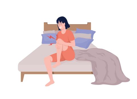 Young woman with sudden intense knee pain semi flat color vector character