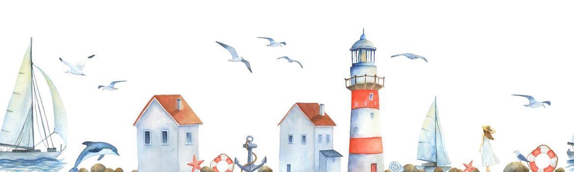 Watercolor seamless border with marine objects. Hand painted lighthouse, sailboat, dolphins and seagulls isolated on white. Background with Romantic girl in hat