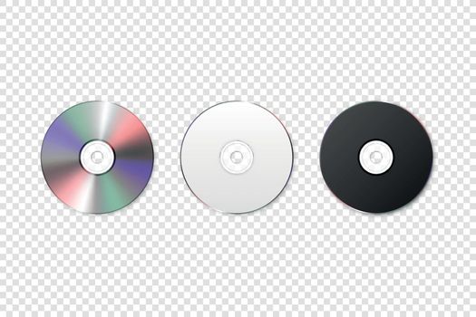 Vector 3d Realistic White, Black and Multicolor CD, DVD Closeup Isolated. CD Design Template for Mockup, Copy Space. Top View