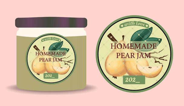 Label and packaging of pear jam. Jar with a label. Text in frames with ripe pears and leaves.