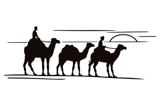 Three camels silhouettes in caravan