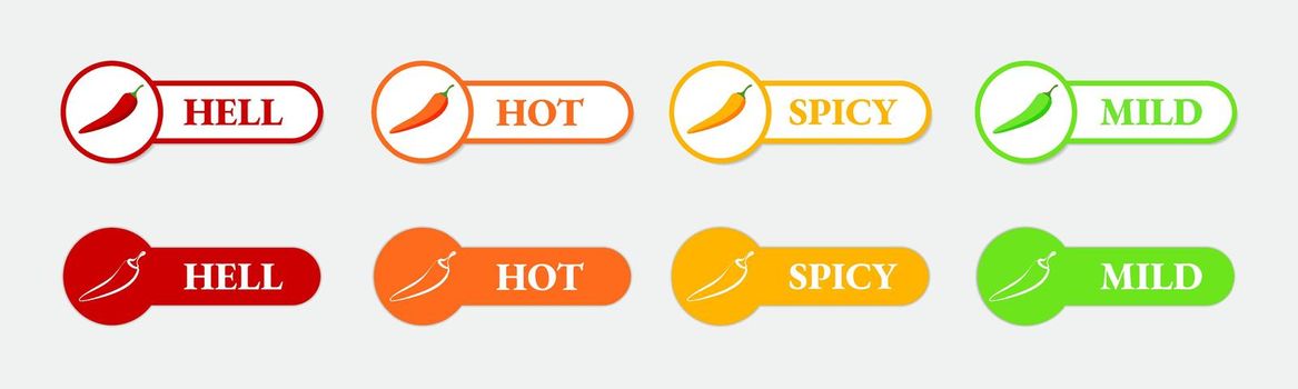 Spicy hot chili pepper icons set with flame and rating of spicy