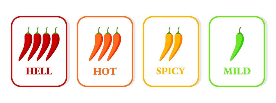 Spicy hot chili pepper icons set with flame and rating of spicy