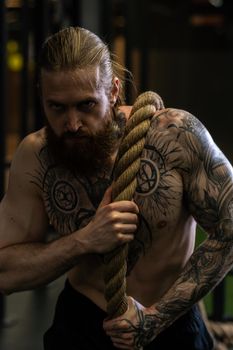 Rope tug man pirate pull invisible was casual power male, concept competition struggle from isolated from pulling white, job balance. Men ABS alone, beard