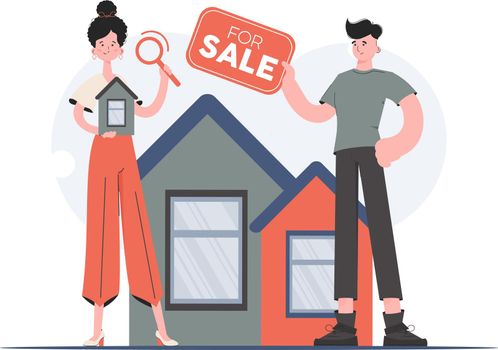 A man and a woman stand in full growth looking for a house in the real estate market. Property search. Flat style. Element for presentations, sites.