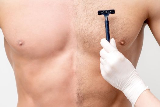 Beautician shaves chest of young man