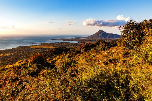 The mountain and landmark Le Morne Brabant on the South half of the island of Mauritius in the Indian Ocean