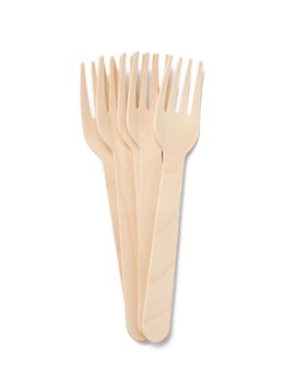 Wooden disposable brown forks on a white isolated background