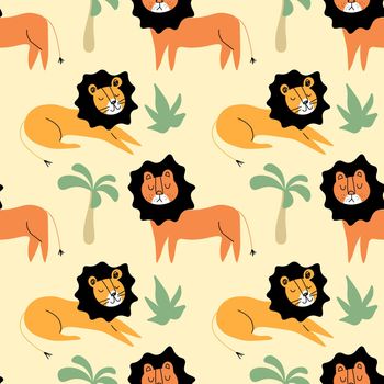 Seamless pattern with cute lion and tropical plants. Vector texture in childish style great for fabric and textile, wallpapers, backgrounds. Creative jungle childish texture. EPS