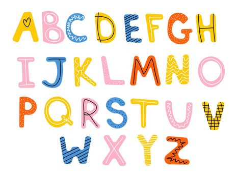 Children font in the cartoon style. Set of multicolored letters for inscriptions. Vector illustration of an alphabet. EPS