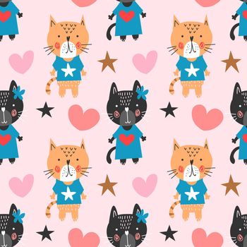 Sweet childish seamless pattern with cats in vector. Seamless pattern can be used for wallpapers, pattern fills, web backgrounds,surface textures. Lovely childish wallpaper EPS