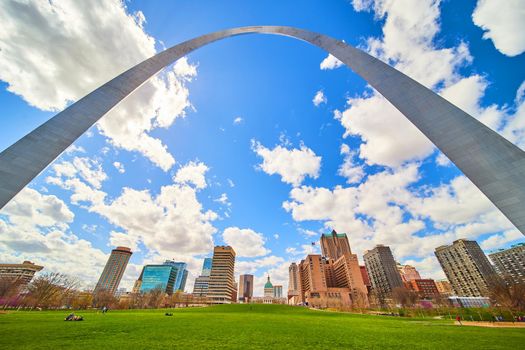 St. Louis skyline underneath the iconic Gateway Arch with blue sky